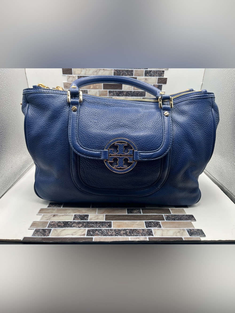 Tory Burch Navy Blue Pebbled Leather Satchel with Logo Medallion